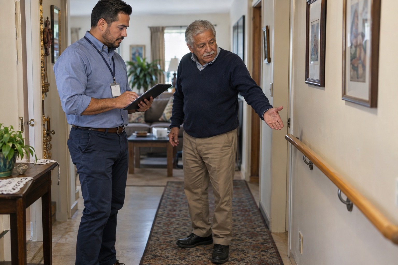 Illustrative scene of a resident showing a hallway handrail to a Surveyor recording observations on a tablet.