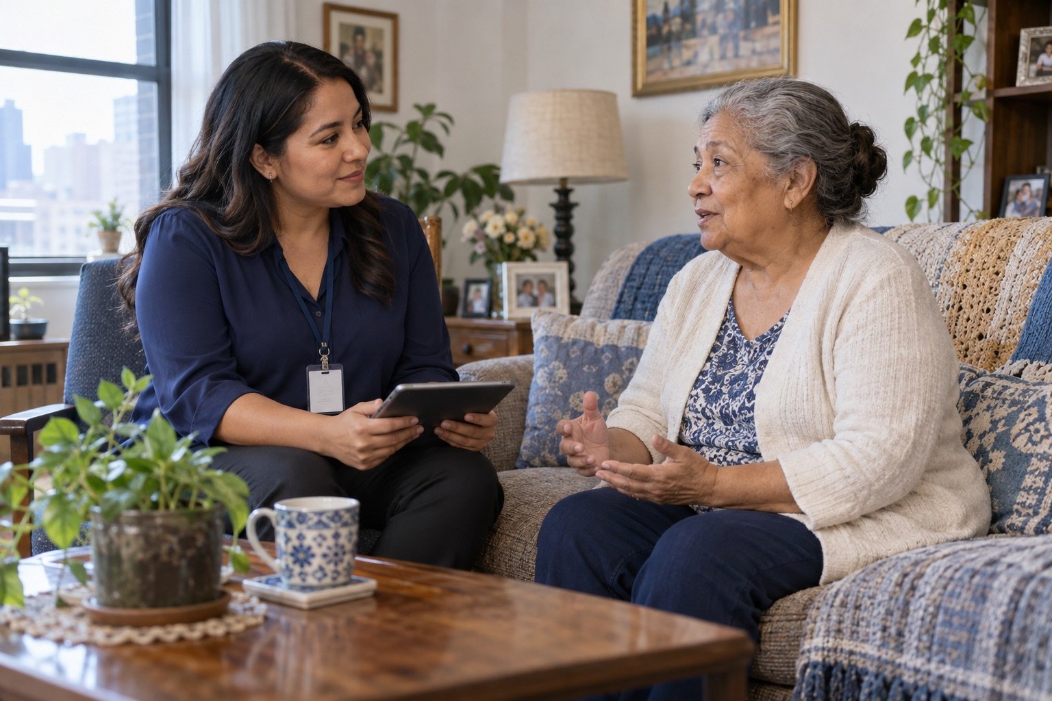 Illustrative scene of a Surveyor listening to an older resident during a home visit.
